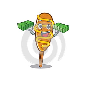 Cool rich corn dog character having money on hands