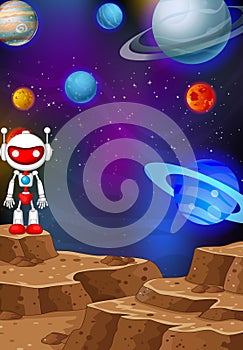 Cool Robot In Mars Surface in Space With Other Planets in Background Cartoon