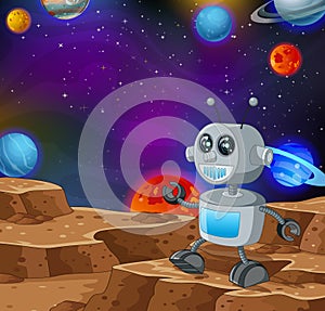 Cool Robot in Mars Surface in Space With Other Planets Bakcground Cartoon
