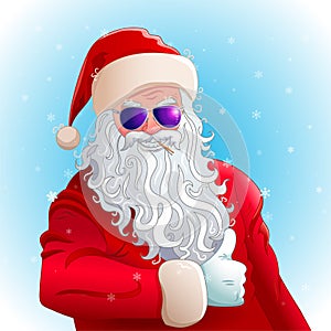 Cool Santa Claus in sunglasses showing thumb up. Vector illustration