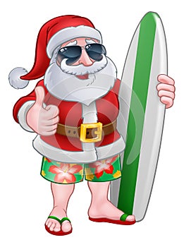 Cool Santa With Surfboard and Sunglasses Cartoon