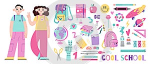 Cool school stationery set, classmates kids characters, cartoon style. Student equipment and art supplies, bright pastel