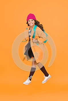 Cool schoolgirl. Have fun charismatic girl on yellow background. Madcap concept. Teen age. Girl adorable stylish modern photo