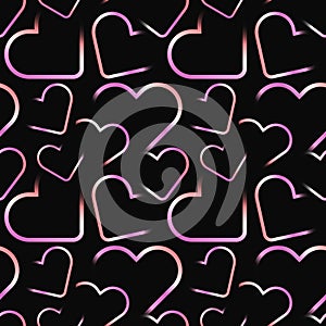 Cool seamless pattern with bright neon colors random hearts isolated on black background. Gradient pink heart aesthetic