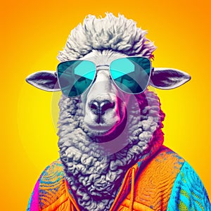 Cool Sheep In Sunglasses With Colorful Background photo