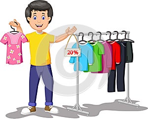 Cool Shopkeeper Boy With Sell Discount Clothes Cartoon