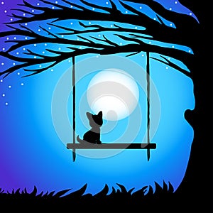 Cool siluet branches of tree with cat on the swing against the night sky in a full moon