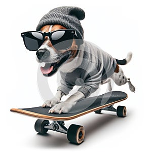 cool skater dog riding a skateboard on a white background