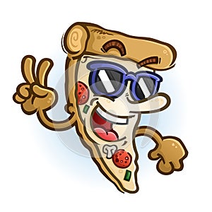 Cool Slice of Pizza Cartoon Giving Peace Sign