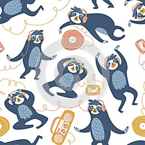 Cool sloths at the party, listening to music, dancing and sleeping. Vector seamless pattern design. Hand drawn cute animals