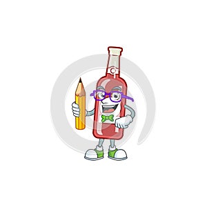 Cool smart Student champagne red bottle character holding pencil