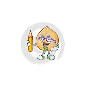 Cool smart Student chickpeas character holding pencil