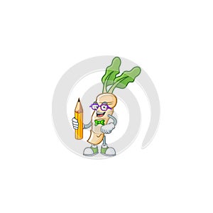 Cool smart Student horseradish mascot with a pencil