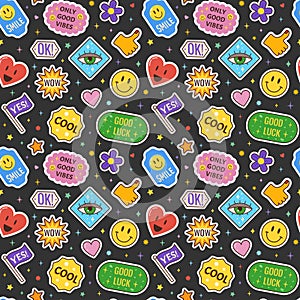 Cool smile stickers. Retro emoji. Seamless pattern. Circle patch badges with positive phrases. Acid hipster collage. 70s