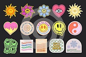 Cool Smile Y2K Stickers Set Vector Design. Trendy Pop Art Characters Patches. Groovy Badges. Retro Emoticons