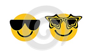 Cool smiling face glasses icon black sunglasses. Emoji, emoticone, vector illustration. Yellow faces cartoon with broad