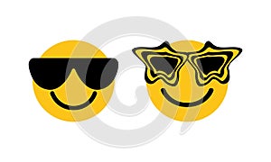 Cool smiling face glasses icon black sunglasses. Emoji, emoticone, vector illustration. Yellow faces cartoon with broad photo