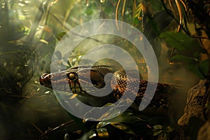 Cool snake in the woods, glancing around, AI-generated.
