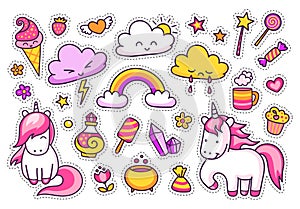 Cool stickers set of cartoon characters, clouds, rainbow, magic elements.