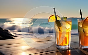 Cool summer drinks with blurred beach, sea and palm tree in the background