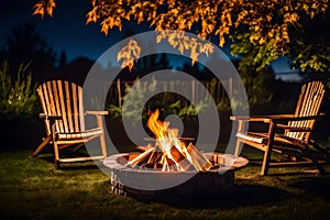 On a cool summer or fall night, a backyard fire pit with lawn chairs.