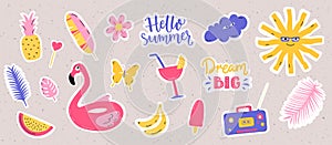 Cool summer stickers, tropical leaves, flamingo inflatable float, sun and fruits. Retro journal vector illustrations.