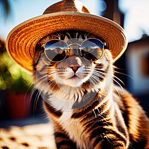 Cool summer vibes, cat wearing sunglasses and straw hat