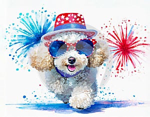 Cool sunglasses poodle puppy dog in red white and blue for Independence Day.