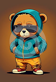 Cool teddy bear in tracksuit. Rapper, dancer, hipster