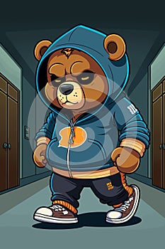 Cool teddy bear in tracksuit. Rapper, dancer, hipster