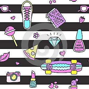 Cool teenager neon things seamless pattern, stripes hand drawn camera, pizza, sneakers and pennyboard
