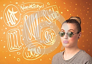 Cool teenager with summer sun glasses and vacation typography