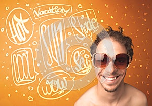 Cool teenager with summer sun glasses and vacation typography