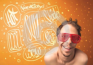 Cool teenager with summer sun glasses and vacation typography