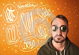 Cool teenager with summer sun glasses and vacation typography