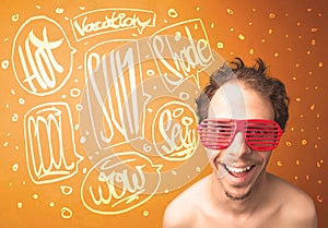 Cool teenager with summer sun glasses and vacation typography