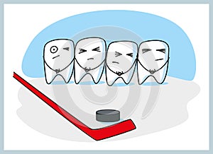 Cool teeth are getting ready to hit the puck in hockey. Funny illustration for a children`s dental clinic