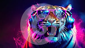 Cool tiger DJ with headphones listening to music and yawning. Neon light, background, disco style atmosphere, disco art