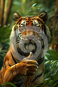 Cool tiger giving a thumbs up, lively jungle, upbeat tune, spirited look , cinematic