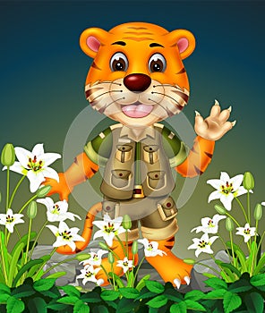 Cool Tiger On The Top of Rocks With White Ivy Flower Cartoon