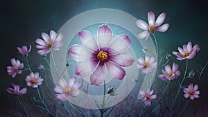 Cool toned background complements digital painting of cosmos flower