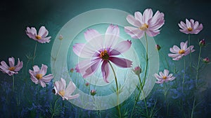 Cool toned background complements digital painting of cosmos flower