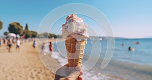Cool Treats, Warm Sands - Savoring Ice Cream at the Summer Beach. generative AI