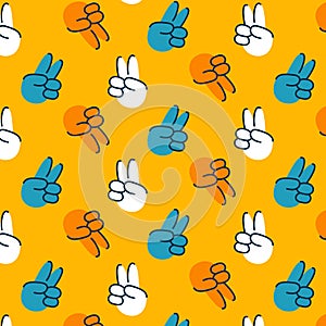 Cool trendy pattern, 70s style background. Retro vector illustration. Hippie gesture, peace gesture.