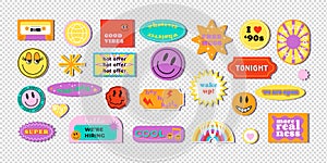 Cool trendy retro stickers with smile faces, cartoon comic label patches. Funky, hipster retrowave stickers in geometric