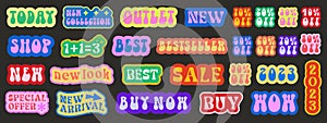 Cool Trendy Sale Promo Stickers Collection. Set of Special Offer Vintage Retro Patches Vector Design