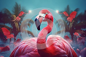 pink party tropical summer feather sunglasses flamingo bird hipster animal. Generative AI.