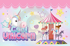 Cool unicorn font with kids playing carousel