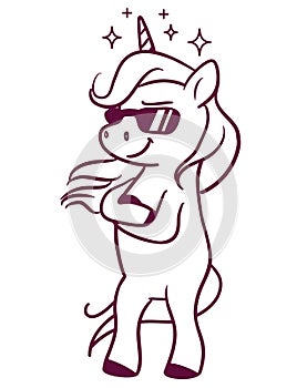 Cool unicorn wearing sunglasses, standing with folded arms cute cartoon  character black and white illustration isolated on