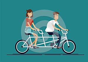 Cool vector flat design happy young man and woman characters couple riding tandem bicycle isolated. Young hipsters